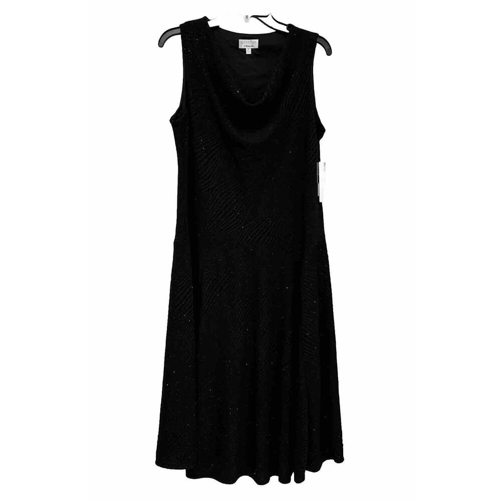 NWT Sz 14P Signature By Robbie Bee Black Glitter Midi Dress. Cowl Neck.